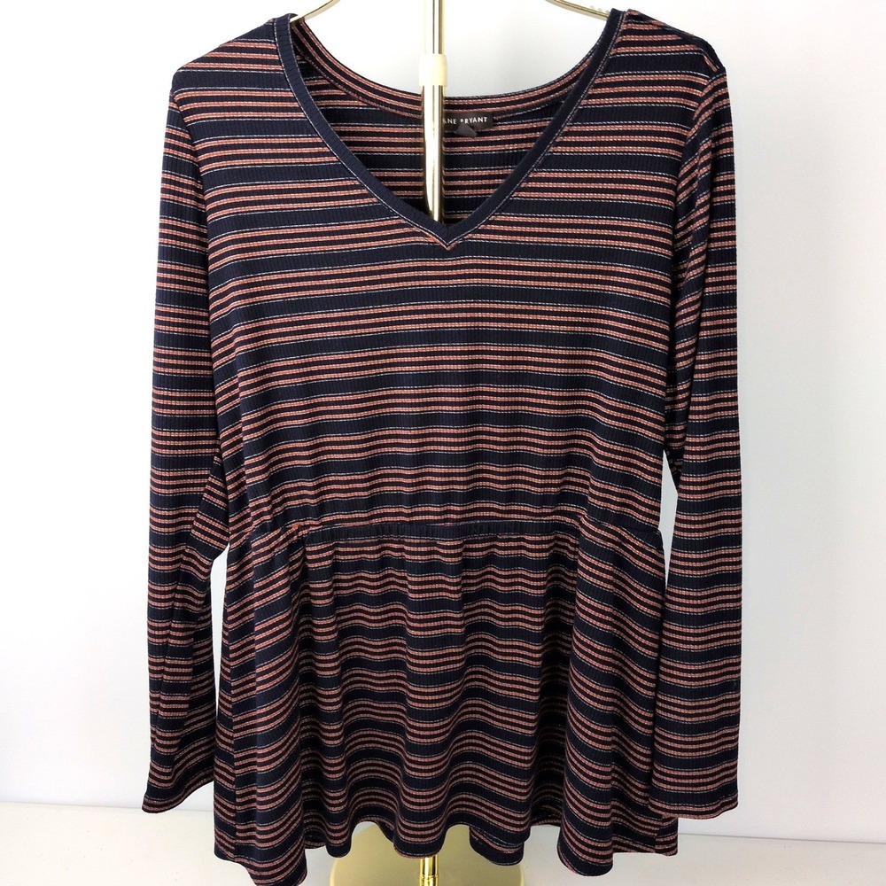 Lane Bryant Women 14/16 Peplum Top Navy Orange Striped Metallic Ribbed V-Neck